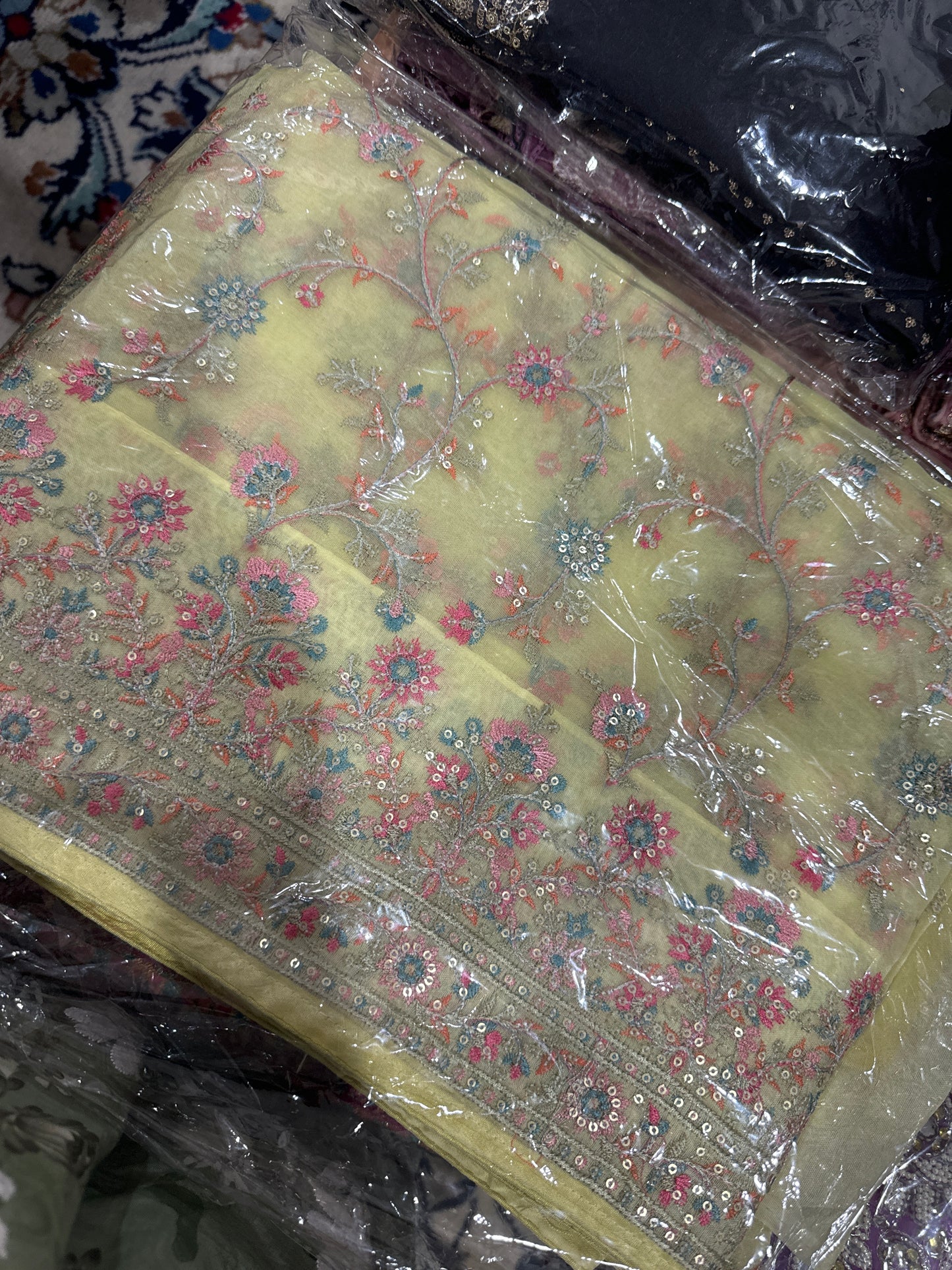 Yellow saree with flowers organza