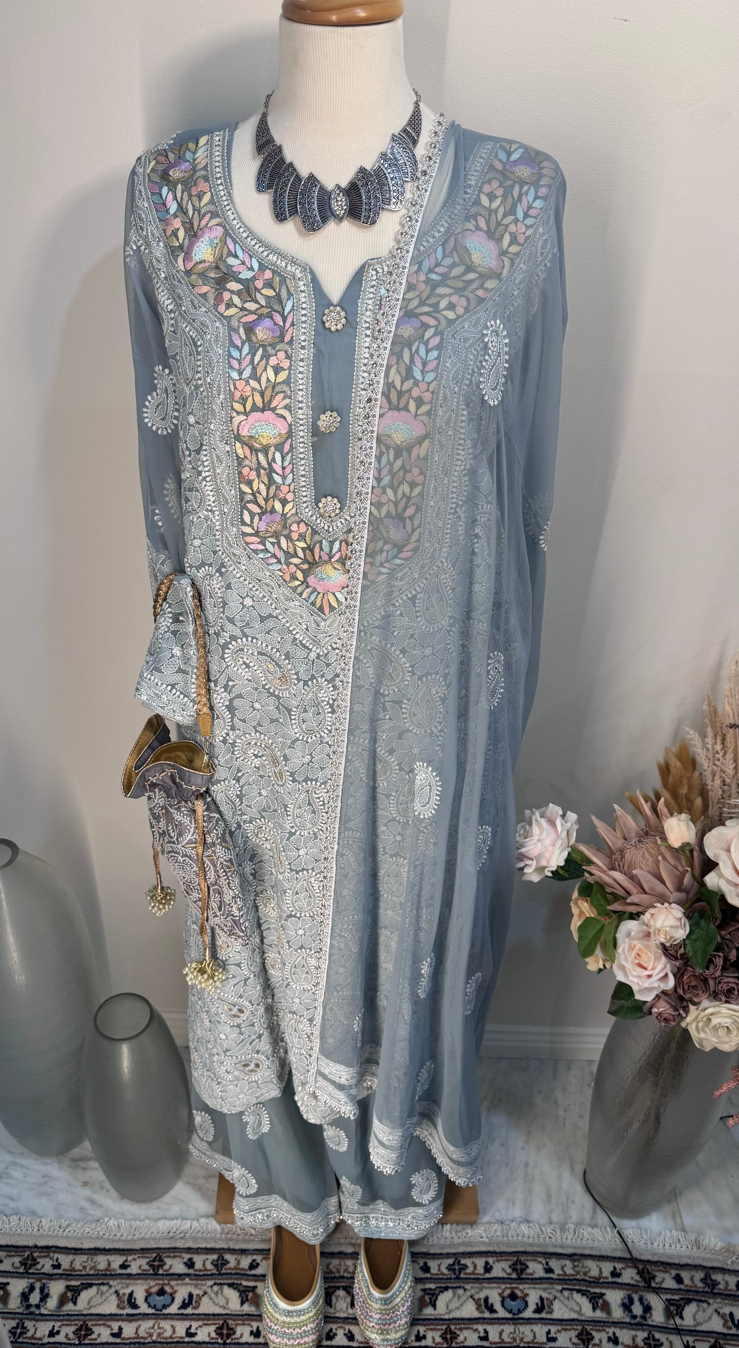 Pure georgette chikankari parsi fusion embroidery