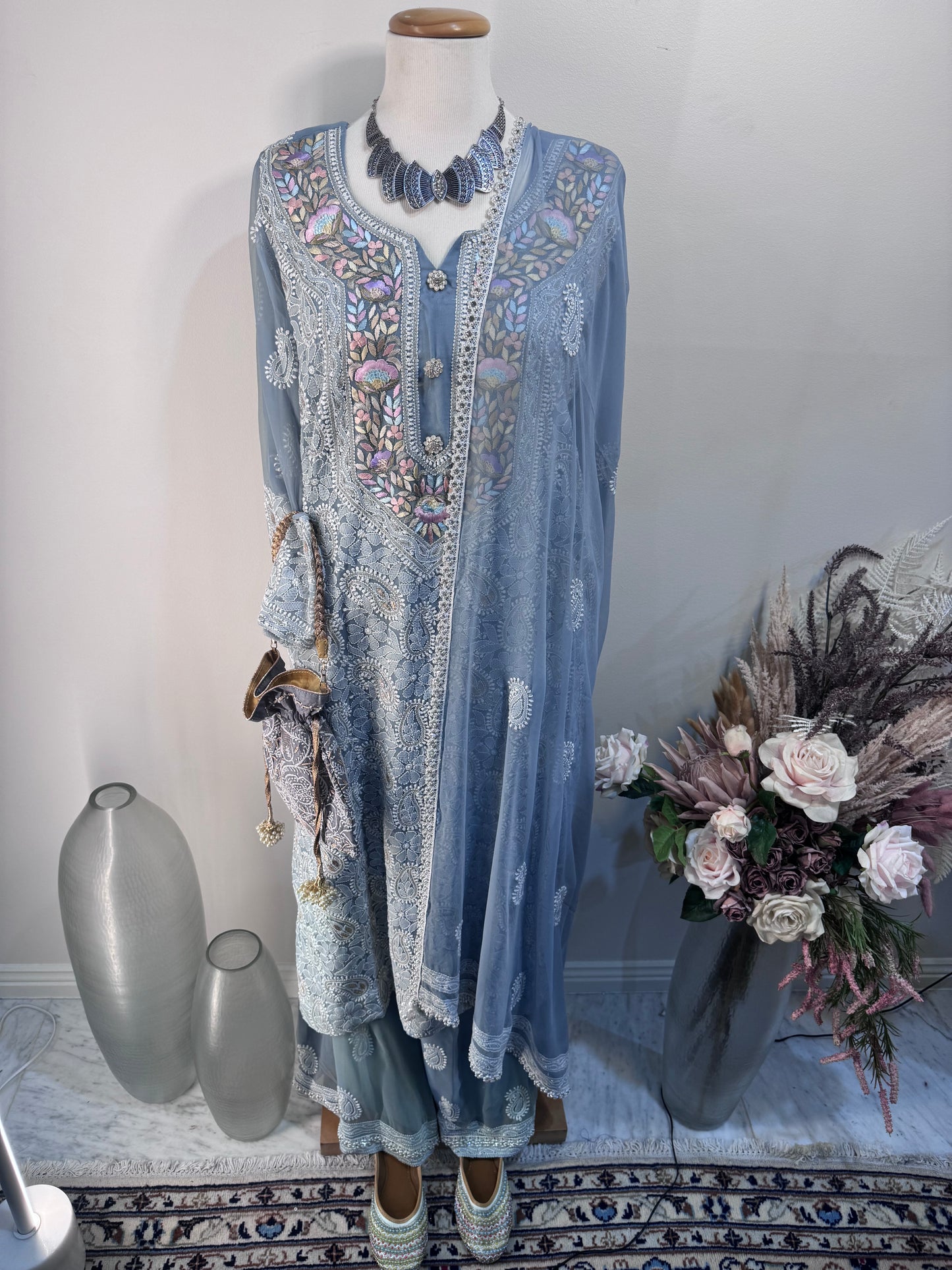 Pure georgette chikankari parsi fusion embroidery