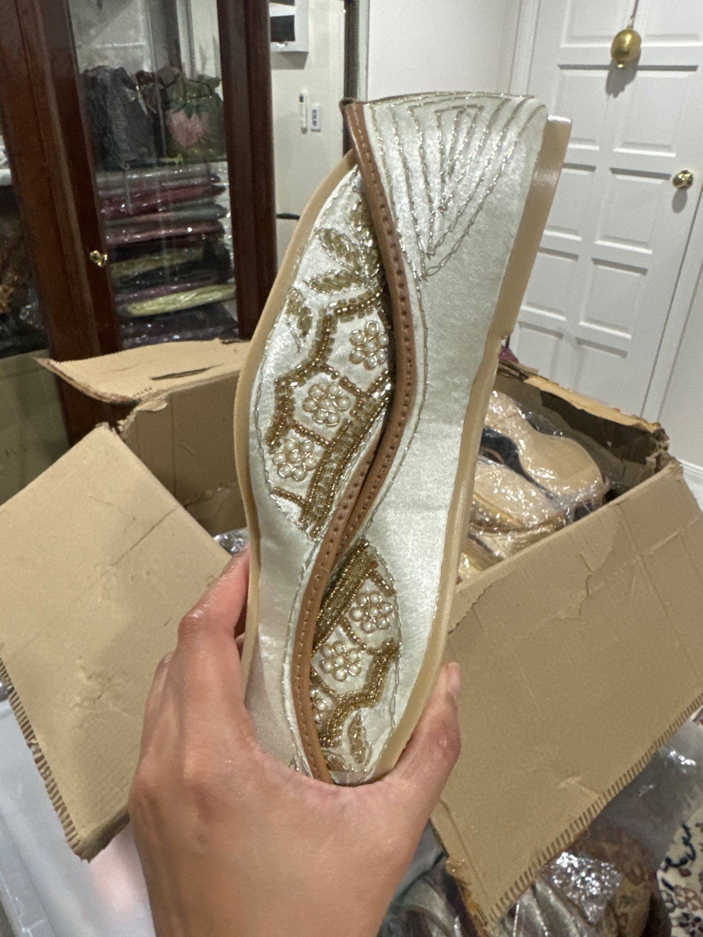 Women shoes White with golden beads